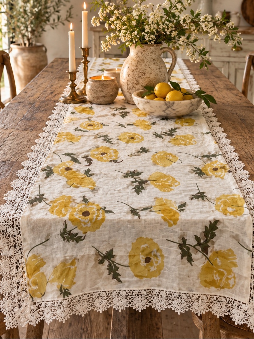 Vintage Floral Table Cloth with Crochet Fringe